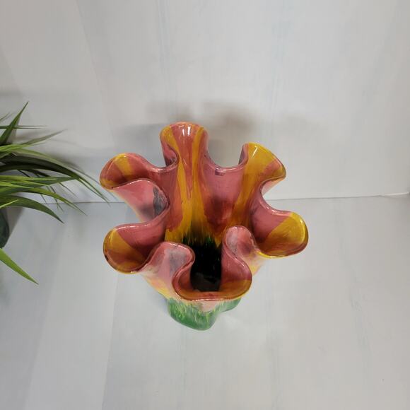 MCM Glass Vase, Handkerchief Style, Ruffle Top Hand Painted  Spring Decor - Picture 3 of 6